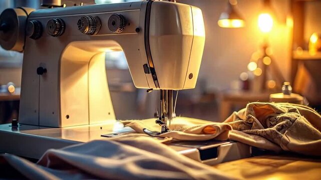 Vintage sewing machine with fabric, illuminated by warm light in a workshop.