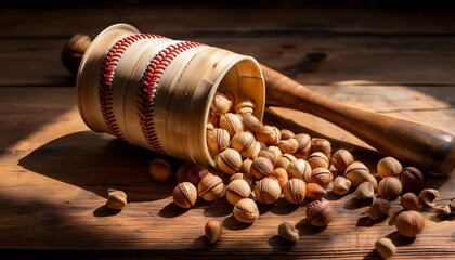 a baseball shaped container spills its nutty contents onto a rustic wooden surface bathed in warm sunlight alongside a vintage wood tool