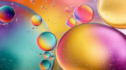 Abstract oil droplets floating on water create iridescent sensory texture vibrant reflections circles and smooth liquid forms produce a modern, eye-catching science beauty art background copy space