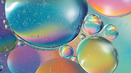 Abstract oil droplets floating on water create iridescent sensory texture vibrant reflections circles and smooth liquid forms produce a modern, eye-catching science beauty art background copy space