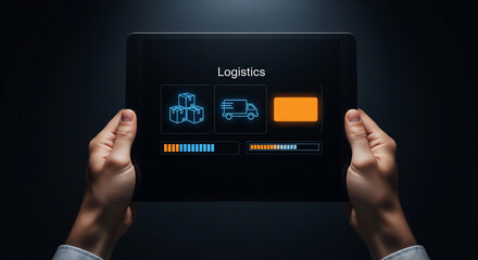 Hands holding a tablet displaying logistics icons and progress bars on a dark background.