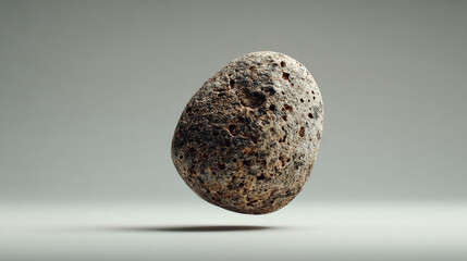 Minimal surreal levitation round rock with rough stone texture floating in perfect balance with shadow conveys mindfulness control power strategy calm clarity modern commercial background copy space