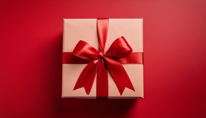 a single gift box with a vibrant red ribbon elegantly presented against a bold red background conveys a sense of celebration and anticipation