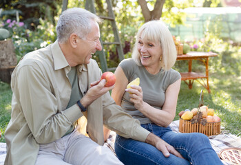 Laughing senior spouses sitting on field grass and eating fruits, talking and smiling, resting...