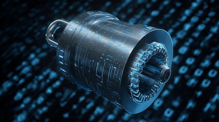 Digital padlock with circuitry design floating over binary code background
