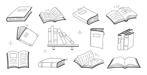 Collection of hand-drawn white sketch icons of books, including open and closed textbooks, dictionaries, and novels, isolated on transparent background.