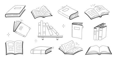Collection of hand-drawn white sketch icons of books, including open and closed textbooks, dictionaries, and novels, isolated on transparent background.