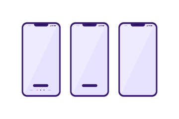 Collection of three modern smartphone interfaces with light purple screens and navigation elements, isolated on transparent background, for app design.