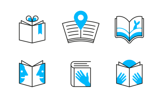 Set of modern blue and gray book logo templates and icons representing reading, learning, and knowledge, isolated on transparent background. - Powered by Adobe