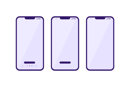 Collection of three modern smartphone interfaces with light purple screens and navigation elements, isolated on transparent background, for app design. - Powered by Adobe