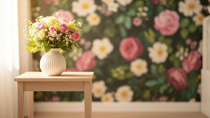 Elegant floral bouquet in vase on wooden table with blooming roses background