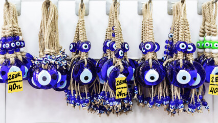 Evil eye amulets, traditional souvenirs in Kusadasi, Turkey