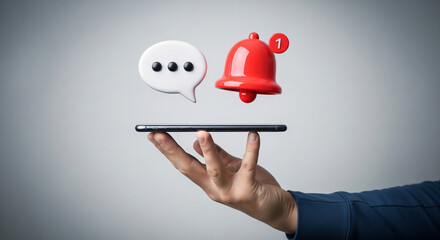 Modern smartphone displaying notification icons like a chat bubble and bell, held by a hand.
