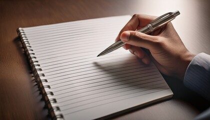 Fototapeta premium close up of a hand holding a pen poised above a blank lined notebook ready for writing