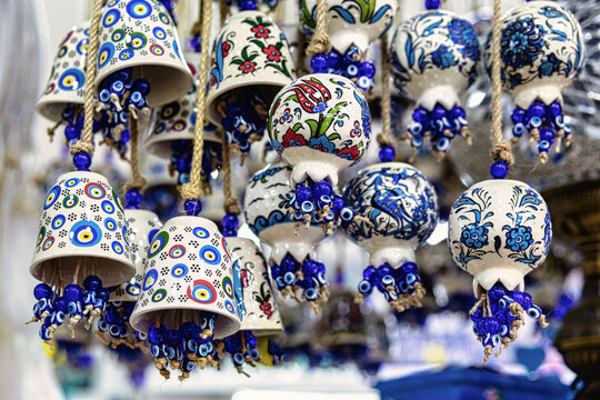 Traditional ceramic pendants with evil eye beads, souvenir shop in Kusadasi, Turkey