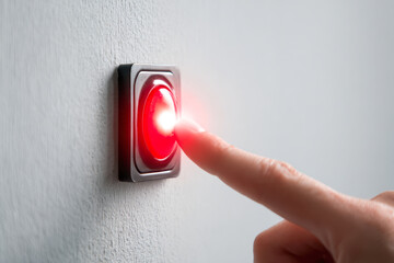 Person pressing a glowing red button mounted on a plain white wall symbolizing alert or emergency activation with focus on the fingertip and light effect