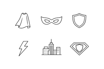 Minimalist superhero icon set with cape, mask, and shield elements