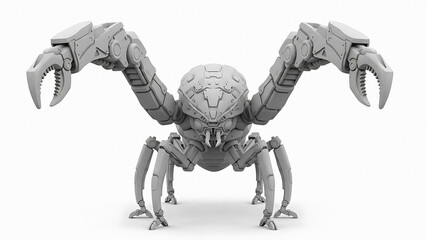 Gray robotic spider with large mechanical claws and segmented body on white background transparent background