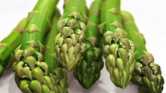 Fresh green asparagus spears arranged on a white surface, ready for cooking.