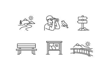 Outdoor adventure icons set with hiking, nature, and wildlife exploration