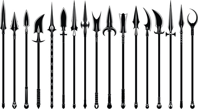 Medieval spear and halberd silhouette collection, fantasy weapons set, black vector illustration, ancient arms, isolated on white background design template