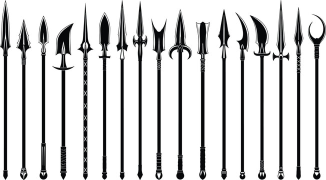 Medieval polearm silhouette collection, fantasy spears halberds and lances, black vector weapons set, ancient arms isolated white background design template
