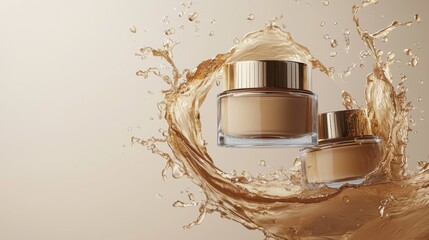 Two cosmetic cream jars with gold lids surrounded by splashing golden liquid on beige