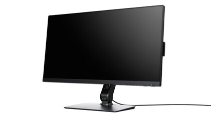Modern adjustable computer monitor on white background with customizable height and tilt settings designed to improve neck alignment for back comfort.