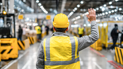 A construction worker in a yellow hard hat and safety vest waves in a busy industrial environment, emphasizing safety and teamwork.