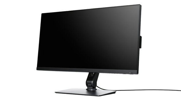 Modern adjustable computer monitor on white background with customizable height and tilt settings designed to improve neck alignment for back comfort.