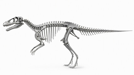 Gray dinosaur skeleton in a walking pose with visible bones and sharp teeth transparent background