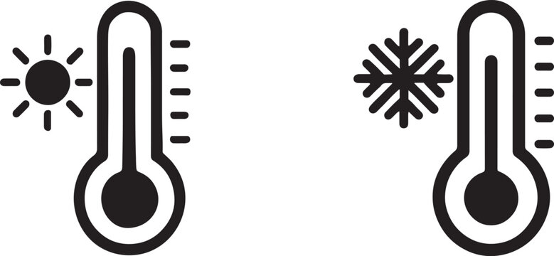 Silhouette thermometer with sun and snowflake icon showing hot and cold temperature symbol.