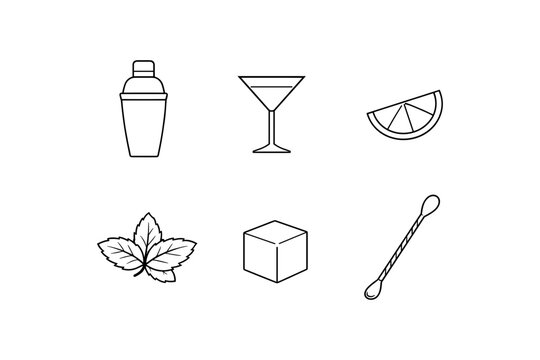 Cocktail essentials: linear icons of shaker, glass, lemon, mint, ice, stirrer