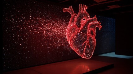 A digital heart graphic emerges from a screen with particles and a platform