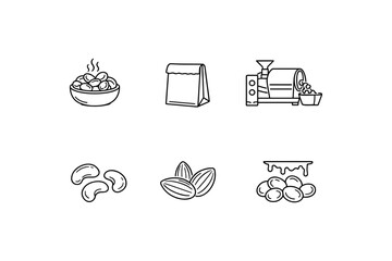 Linear icons of coffee process: beans, grinder, packaging, and brewing