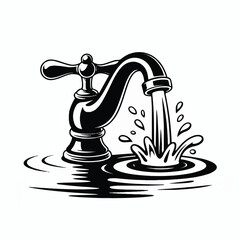 A black and white illustration of a vintage-style bathroom faucet with flowing water (3)_traced