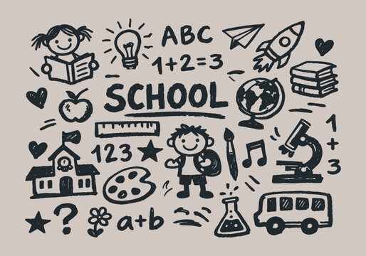 Hand drawn school doodle illustration with cute children, education icons and creative learning elements
