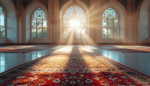 Peaceful mosque interior bathed in golden sunlight, with intricate architectural details and prayer carpets creating a serene and spiritual atmosphere, ideal for reflection and tranquility