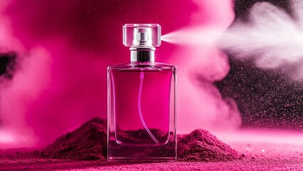 Luxurious vibrant pink perfume bottle spraying mist surrounded by rich magenta powder and sparkling particles creating a glamorous