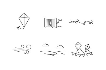 Minimalist kite icons: line art designs of kites, wind, and clouds