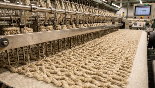 View of loop pile wool carpet production on an automated tufting line showcasing continuous yarn loops forming durable uniform surface patterns on the backing fabric.