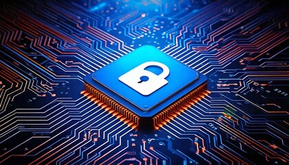  Blue computer chip with white padlock on circuit board background with orange and blue lines.jpg