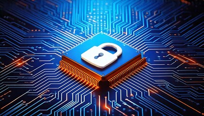  Blue computer chip with white padlock on circuit board background with orange and blue lines.jpg