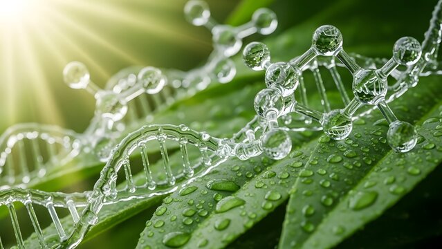 Biotechnology and DNA structure on a green leaf. Science research and genetic engineering. Transparent molecular model with water droplets resting on a wet leaf under sunlight