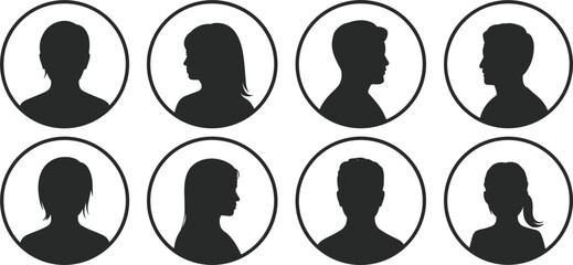 Eight Black Silhouette Profile Icons of Human Heads in Circles Keywords: silhouette, profile, head, icon, human, person, man