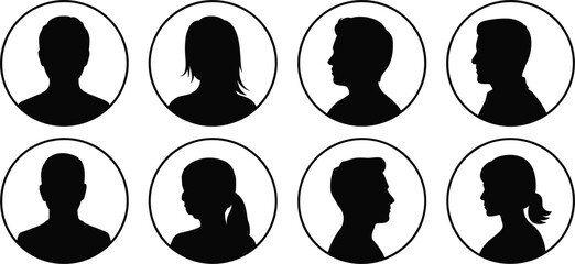 Eight black silhouette profile portraits of men and women within circular frames Keywords: silhouette, profile, portrait, man © Creatives Mind