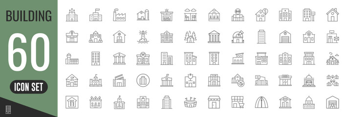 Building thin line icons set. House, office, building, architecture, city, hospital, school, bank, church, hotel icon. Vector © ZONE M17