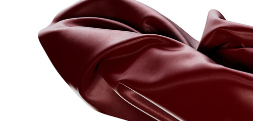 Abstract close up of a burgundy fabric. Textured material in shades of red, with smooth flow and folds against white. Id