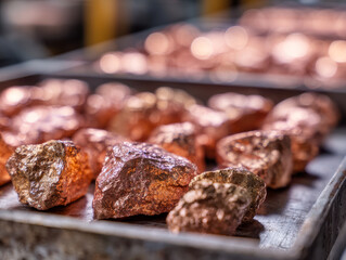 Shiny raw metallic copper nuggets scattered on a metal tray with a blurred background showcasing natural mineral textures and warm lighting effects