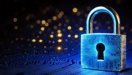 Digital padlock glowing blue on dark circuit board background with golden lights 